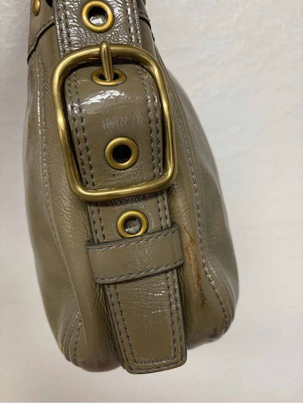 Coach Olive Green Patent Leather Hobo Shoulder Bag with Brass Hardware